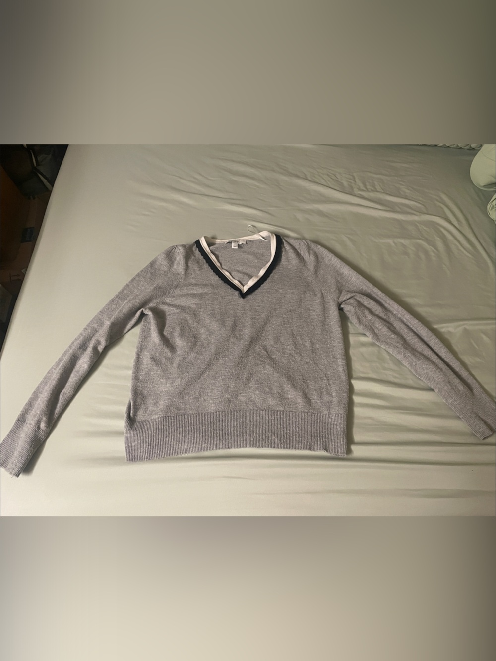 CeCe Gray V-Neck Sweater with Navy and White Trim